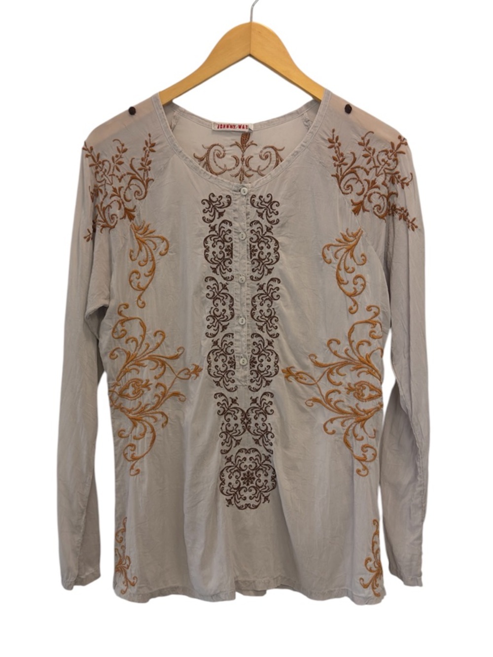 Johnny Was Taupe Embroidered Long Sleeve Tee Boho Floral Top Size S